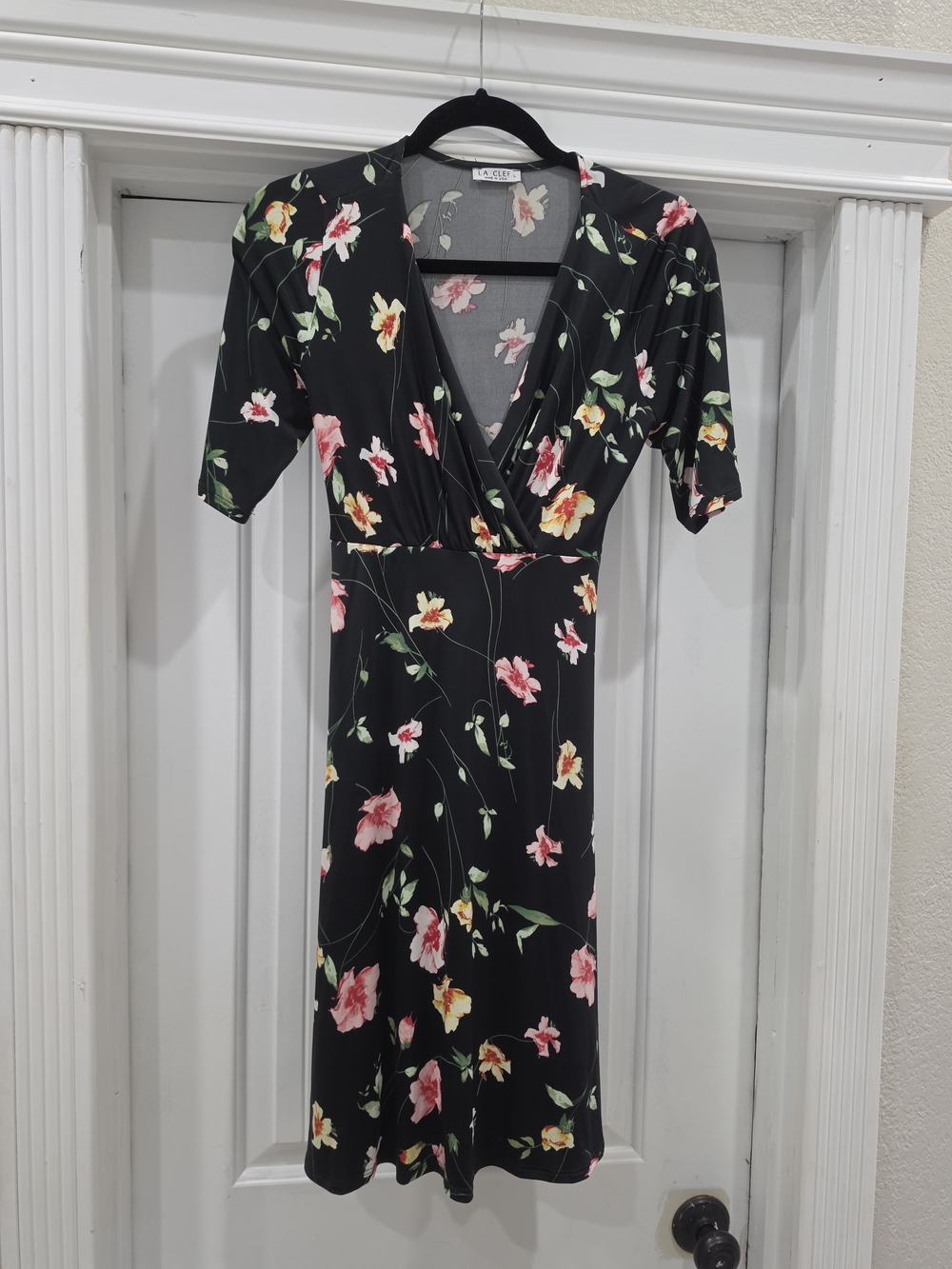 LA CLEF Black Floral Print Faux Wrap Midi Dress Half Sleeve Tie Waist Size L